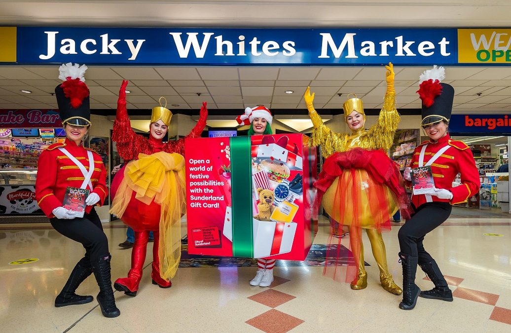 Christmas characters outside Jacky Whites Market, Sunderland