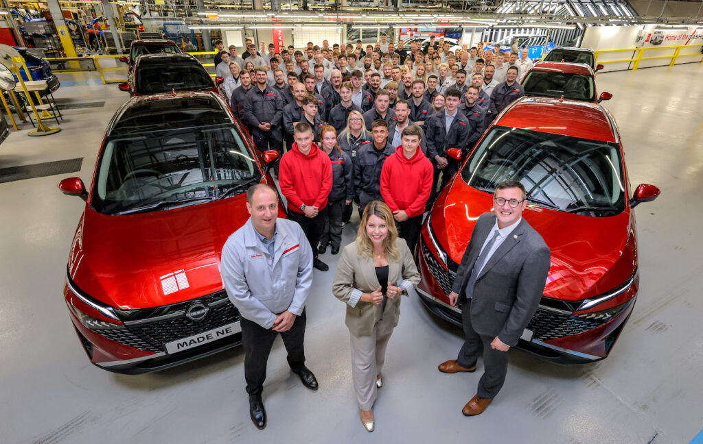 Adam Pennick, Vice President, Manufacturing, Nissan Sunderland Plant; North East Mayor Kim McGuinness; Leader of Sunderland City Council Cllr Michael Mordey; in the background are members of the Nissan Skills Academy, and current and former apprentices