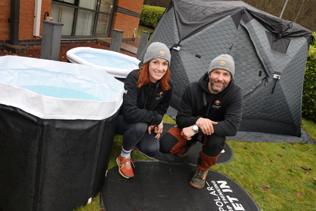 Kimberley Kerry and John Miller of H30 Beach Saunas, with their pop-up sauna at the North East BIC