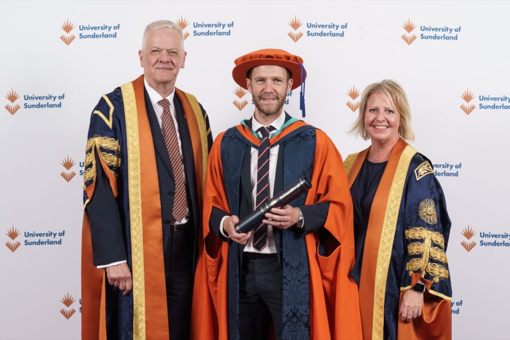 David Bruce, Chief Business Office of Sunderland AFC with the University of Sunderland’s Chancellor Leanne Cahill and Vice Chancellor and Chief Executive Sir David Bell