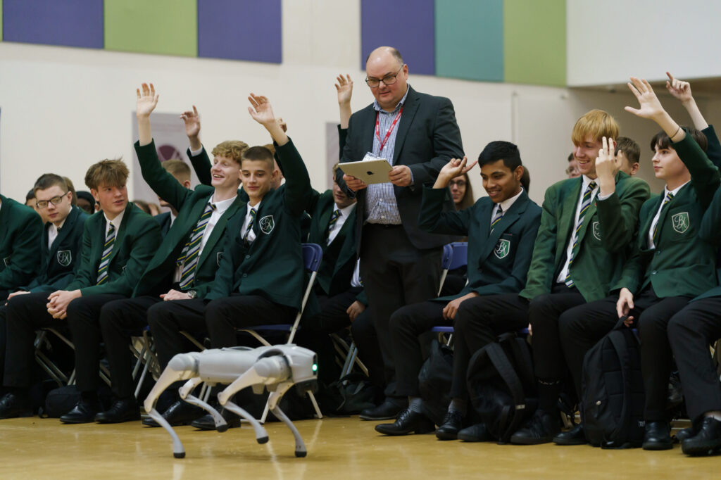 Dave Knapton, Associate Head of School of Engineering at the University with students at Bede Academy