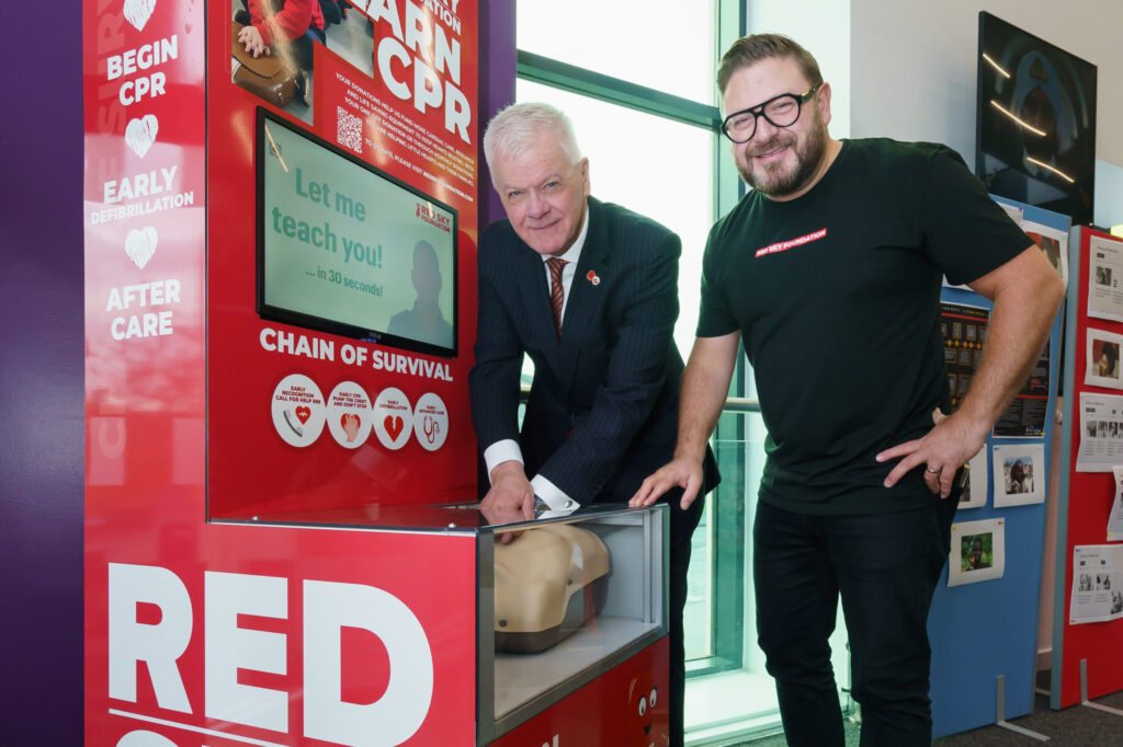 Red Sky Foundation CEO Sergio Petrucci pictured with Vice Chancellor and Chief Executive Sir David Bell during the presentation of the CPR simulator at the University of Sunderland