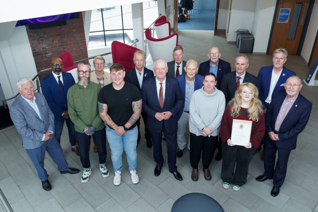 University of Sunderland Vice-Chancellor Sir David Bell (centre) and members of the Rotary Club of Sunderland with students Steve Ross, Aaron Harlow-Stephenson, Bethany Campbell and Megan Hart.