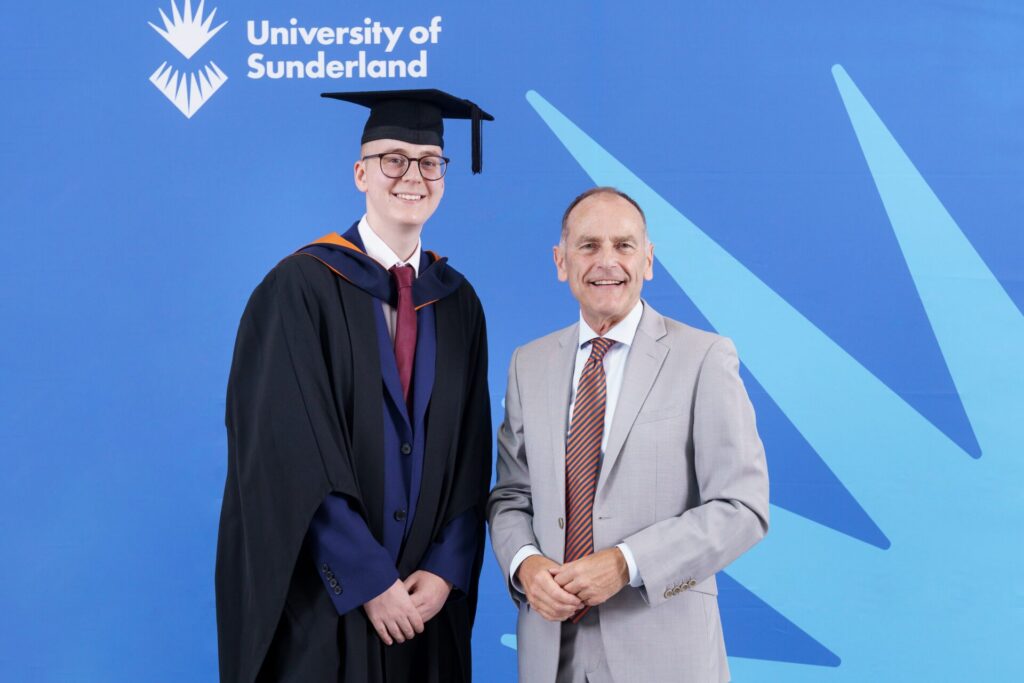Finlay Anderson and Jeff Brown at the University of Sunderland’s summer graduation ceremonies, The Fire Station
